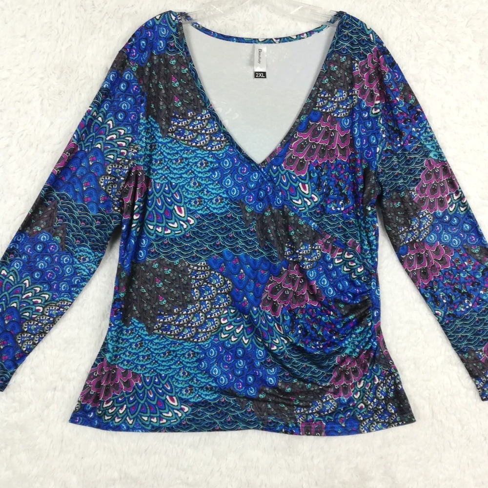 Beauhuty Womens Top V Neck Long‎ Sleeve Tee Feather Blue Peacock Slim Ruched 2XL
